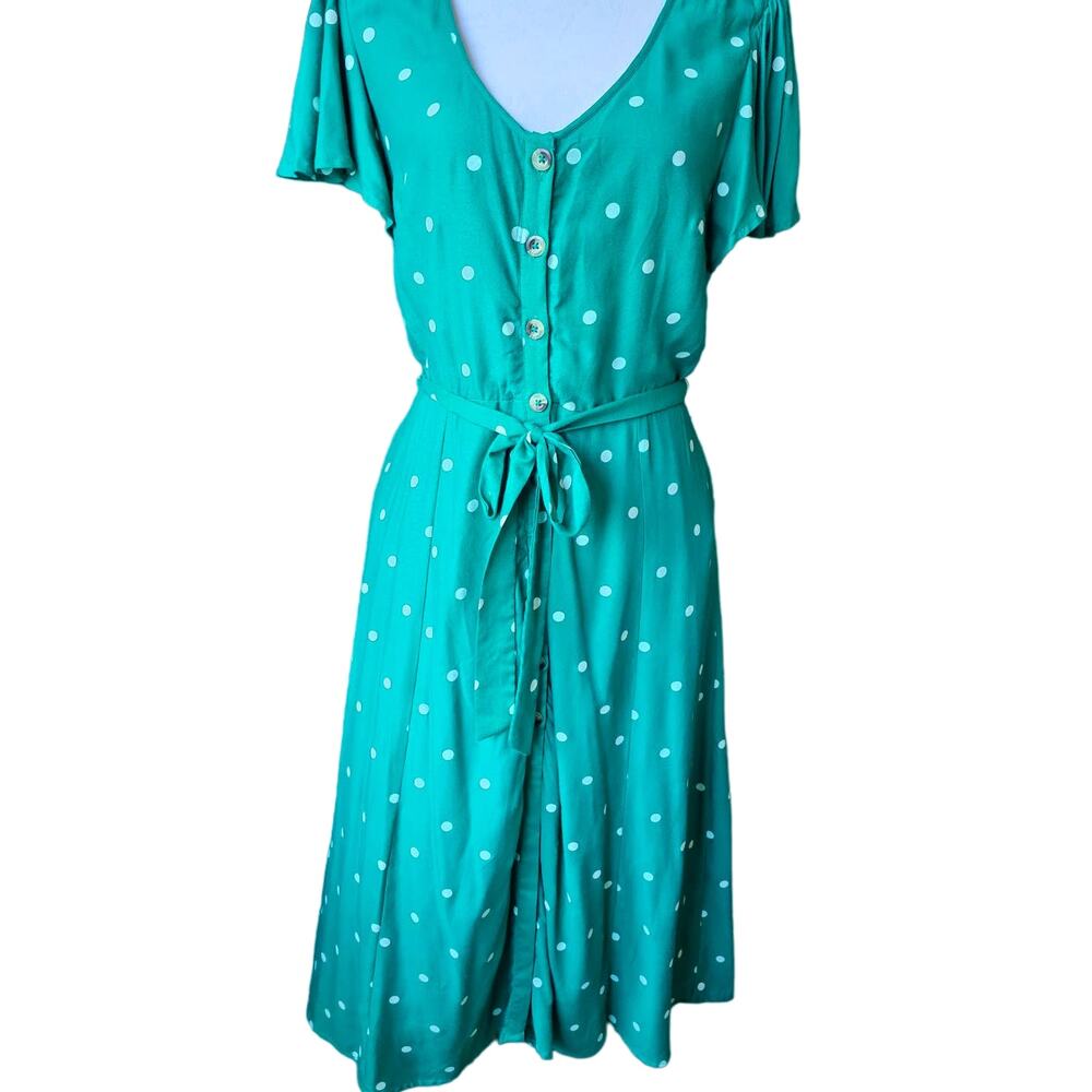 Women's Sz M Green Polka Dot Y2K Fairy Lined Flutter Sleeve V-Neck Midi Dress
